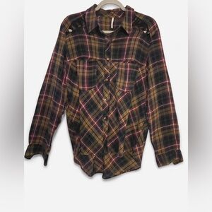 Free People Plaid Button Down Shirt - Black, Red, Yellow, Teal and Grey